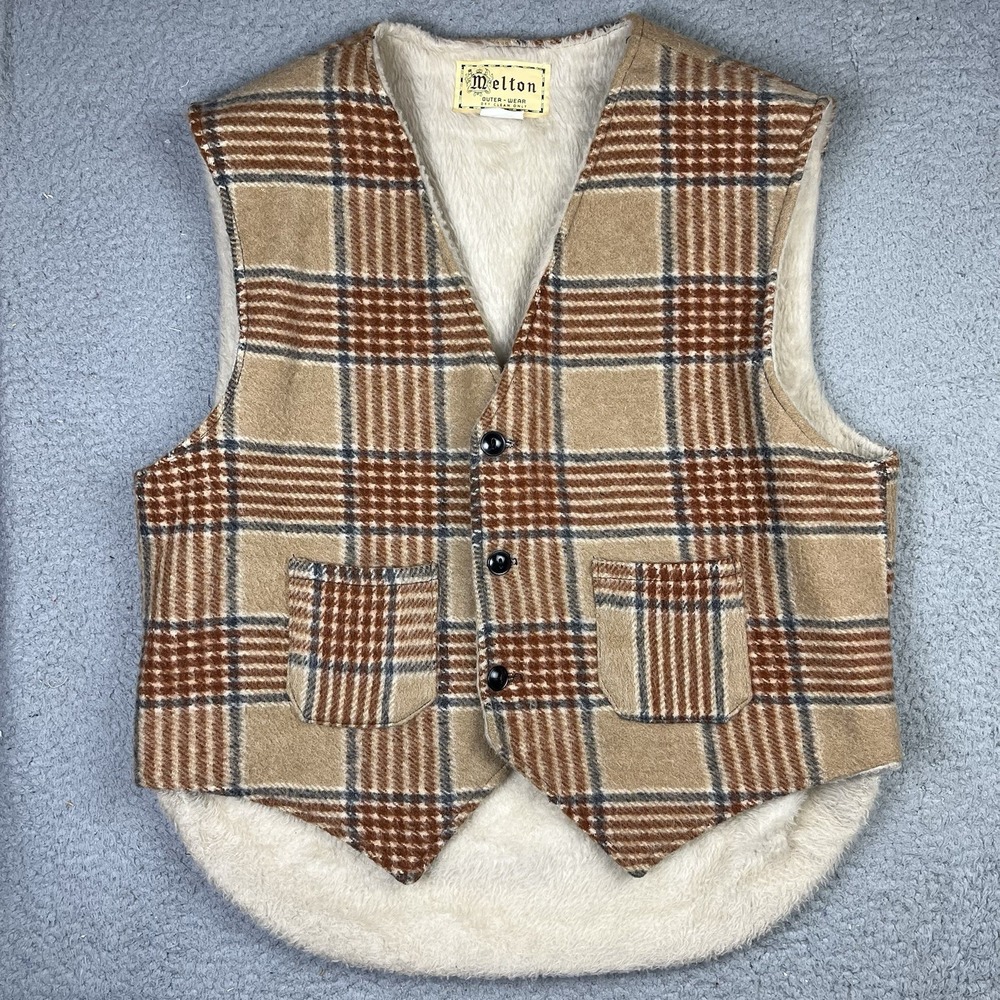 Vintage Melton Plaid Faux Fur Lined Wool Cozy Trucker Vest CLEAN RARE Size XL